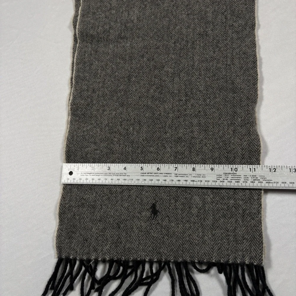Polo Ralph Lauren Scarf Mens OS Grey Herringbone Lambswool Tassel Fringe EUC